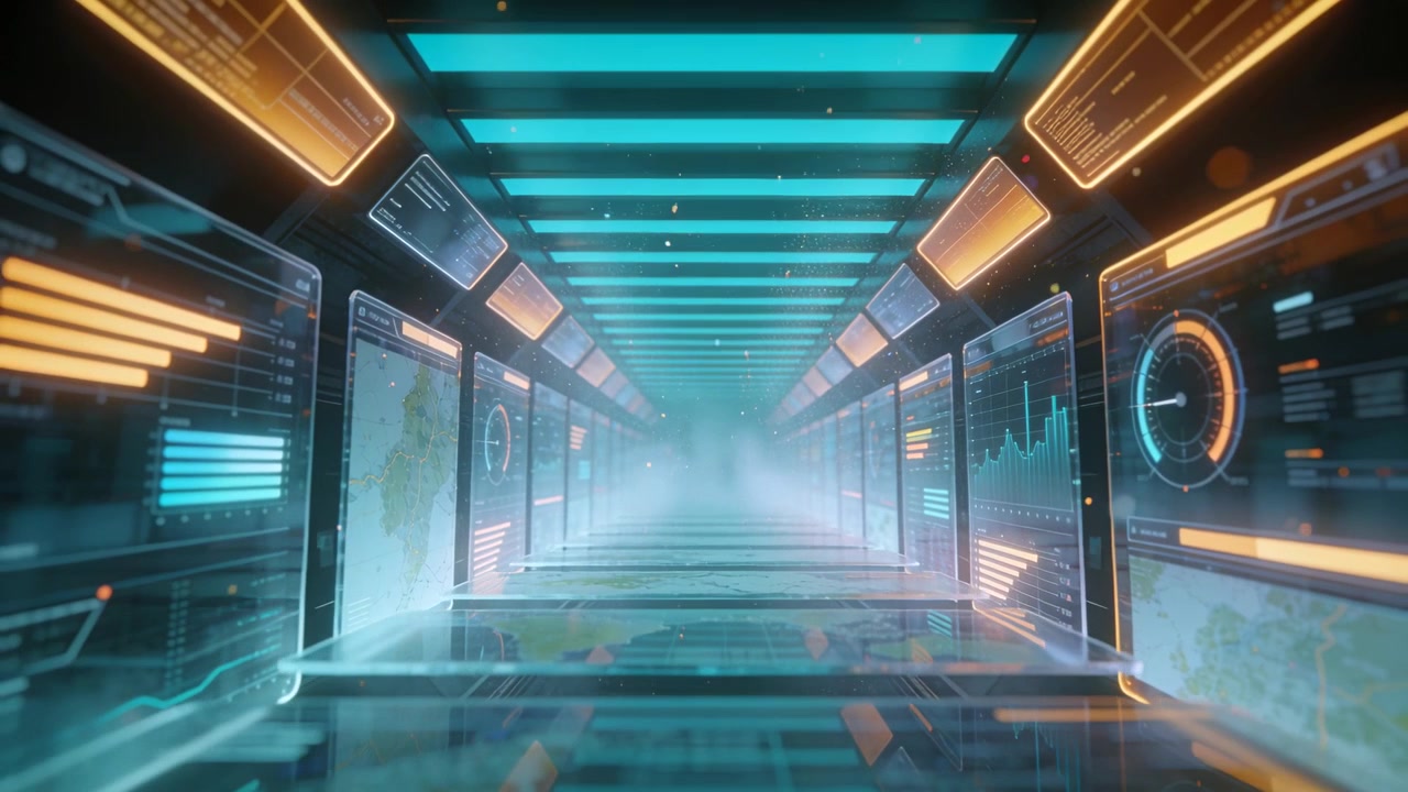Dollying camera moving corridor forward into misty tunnel, showing glowing floor panels, HUD charts