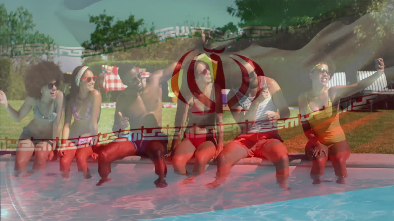 Poolside, group of friends relaxing with Iranian flag animation overlay