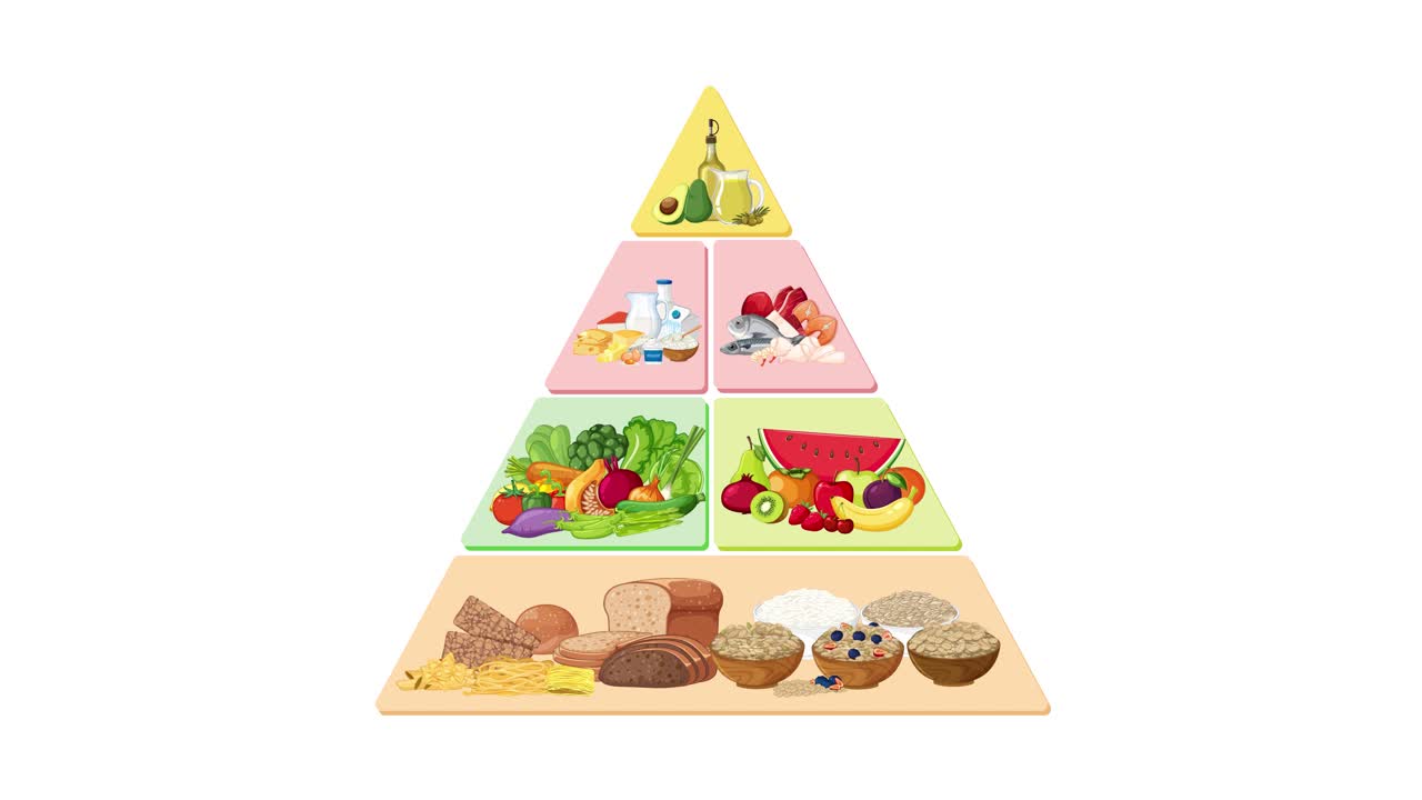 Food group icons assemble into a pyramid, illustrating balanced nutrition with clear, flat graphics