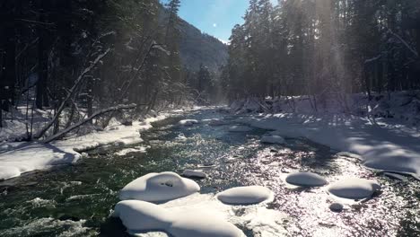 Schöner-Schneeszenenwald-Im-Winter.-Überfliegen-Von-Fluss--Und-Kiefernbäumen,-Die-Mit-Schnee-Bedeckt-Sind.