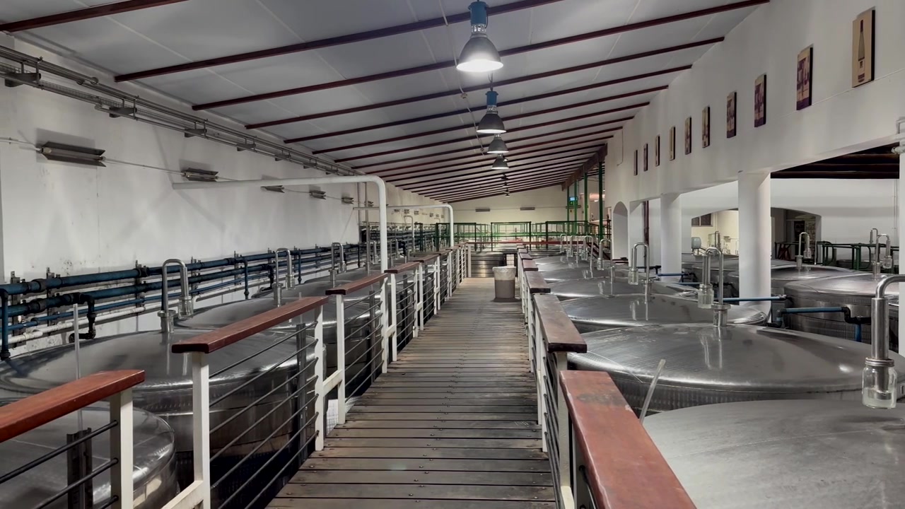 Serbatoi di fermentazione industriali in un impianto di produzione vinicola in una cantina sudafricana.