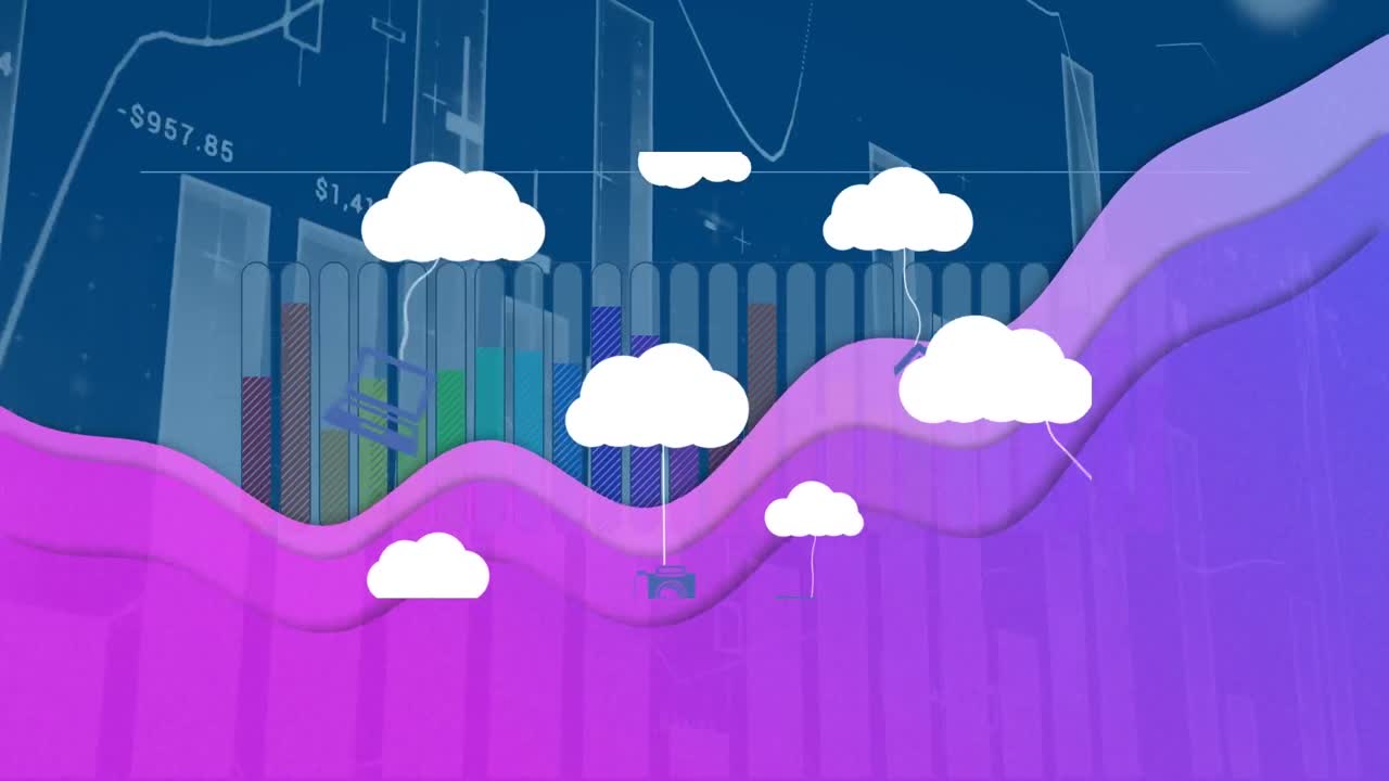animación de nubes con iconos tecnológicos sobre gráficos y datos en fondo azul y rosa