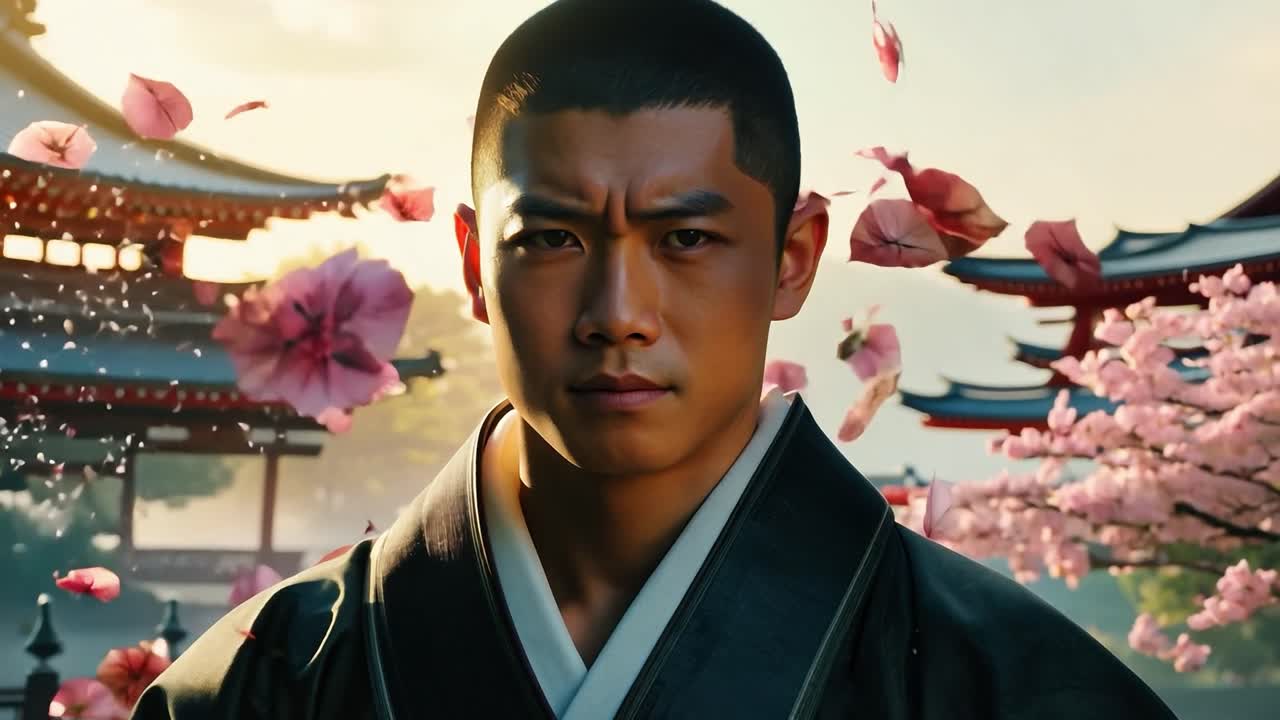 человек в кимоно стоит перед деревом вишнёвых цветов