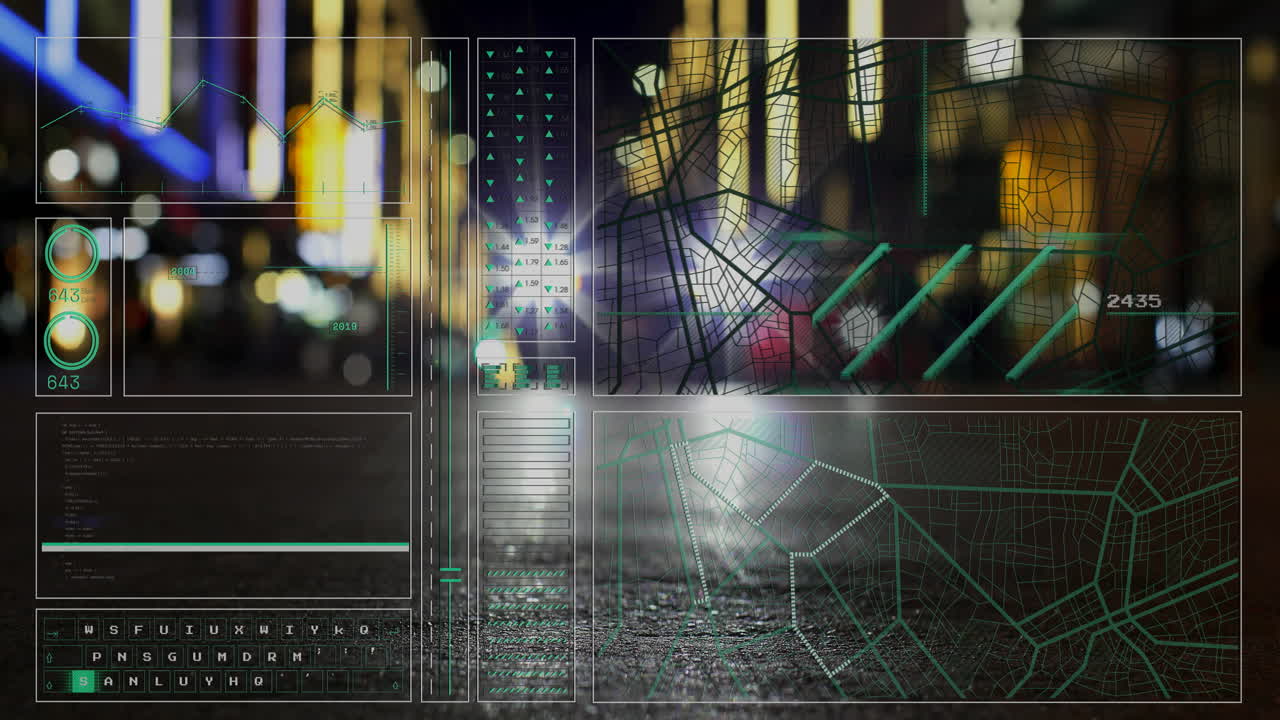 Animation of data processing and diagrams ove cityscape at night