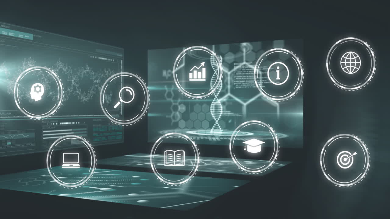 Digital icons and data processing animation over futuristic technology interface
