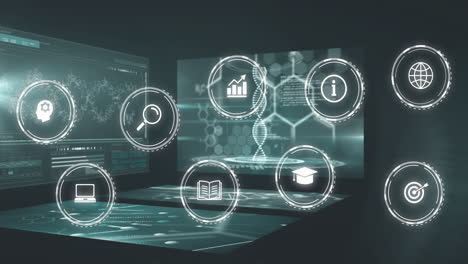 digital icons and data processing animation over futuristic technology interface