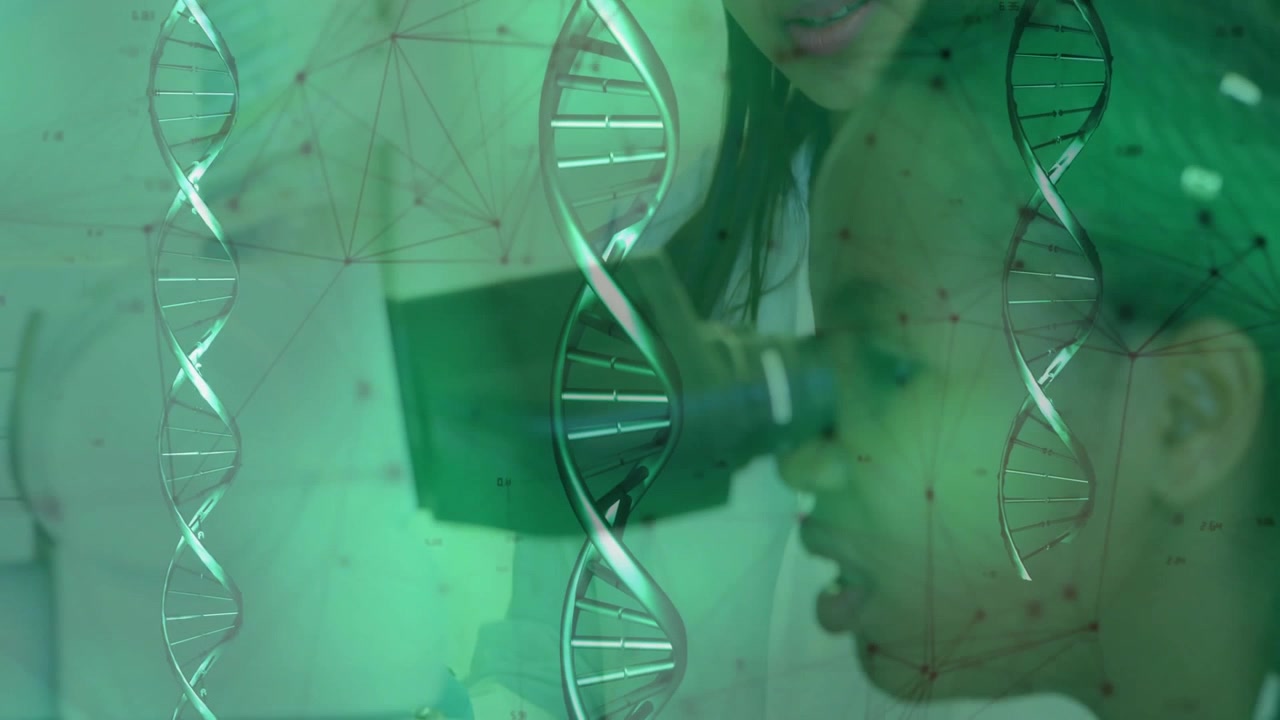 In lab as DNA helix overlay animating mentor guiding microscope study while mentee focusing