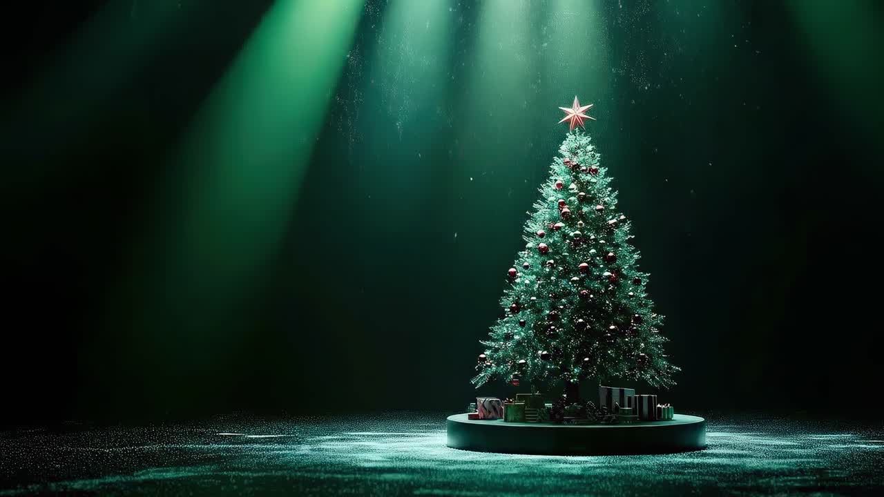 Dramatic low-angle video of a spotlighted Christmas tree on stage, creating a festive ambiance