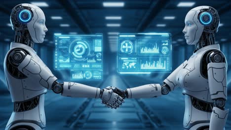 two advanced robotic entities engaging in a meaningful handshake, symbolizing cooperation and connection amidst a high-tech environment filled with digital displays and data visualizations.
