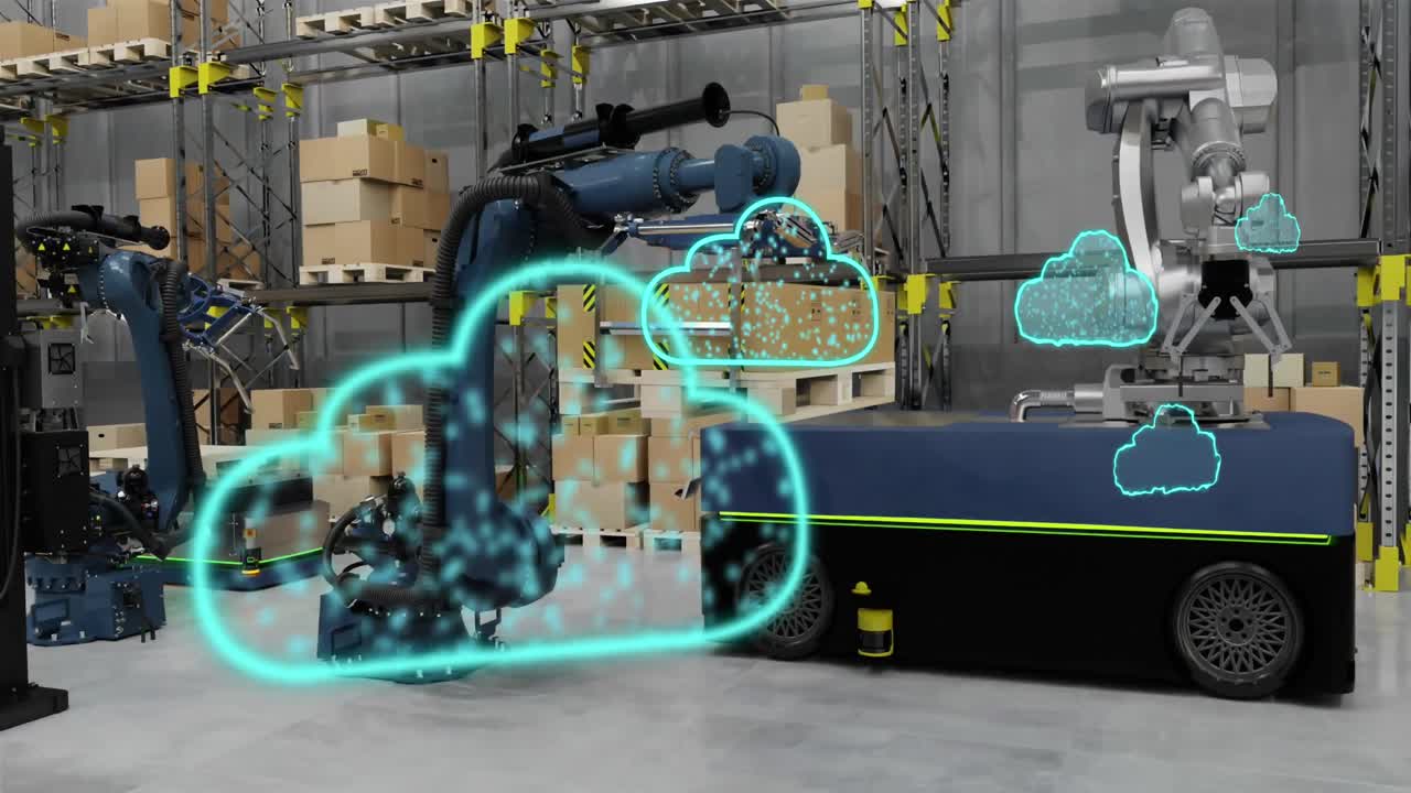 Animation of digital clouds and data processing over warehouse