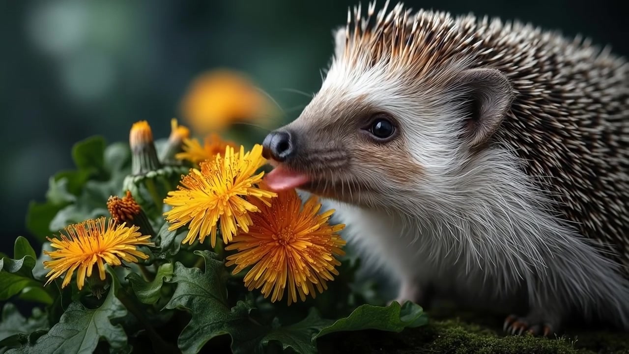 Süßer Igel riecht tagsüber auf einer grasbewachsenen Wiese an gelben Löwenzahnblüten.