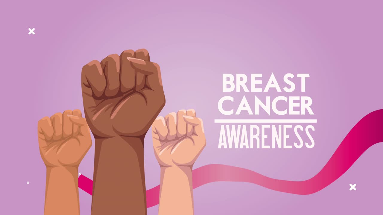 유방암 문자 애니메이션과 인종 간 손과 리본