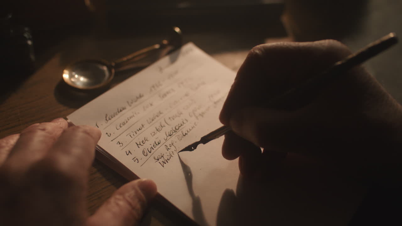 Old passionate man writes a letter in his office at night