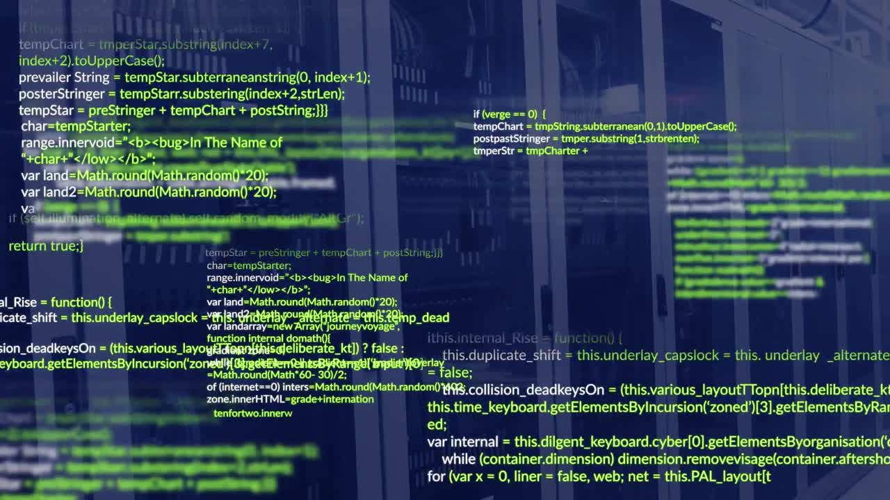 Animation of multicolored computer language over data server racks in server room