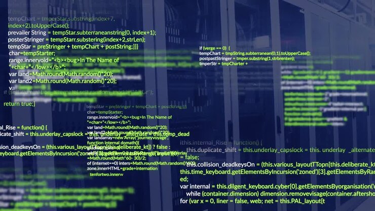 Animation of multicolored computer language over data server racks in server room
