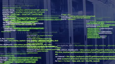 Animation-Mehrfarbiger-Computersprache-über-Datenserver-Racks-Im-Serverraum