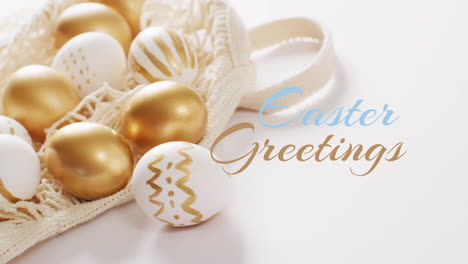 animation of easter greetings text over gold and white eggs on white background