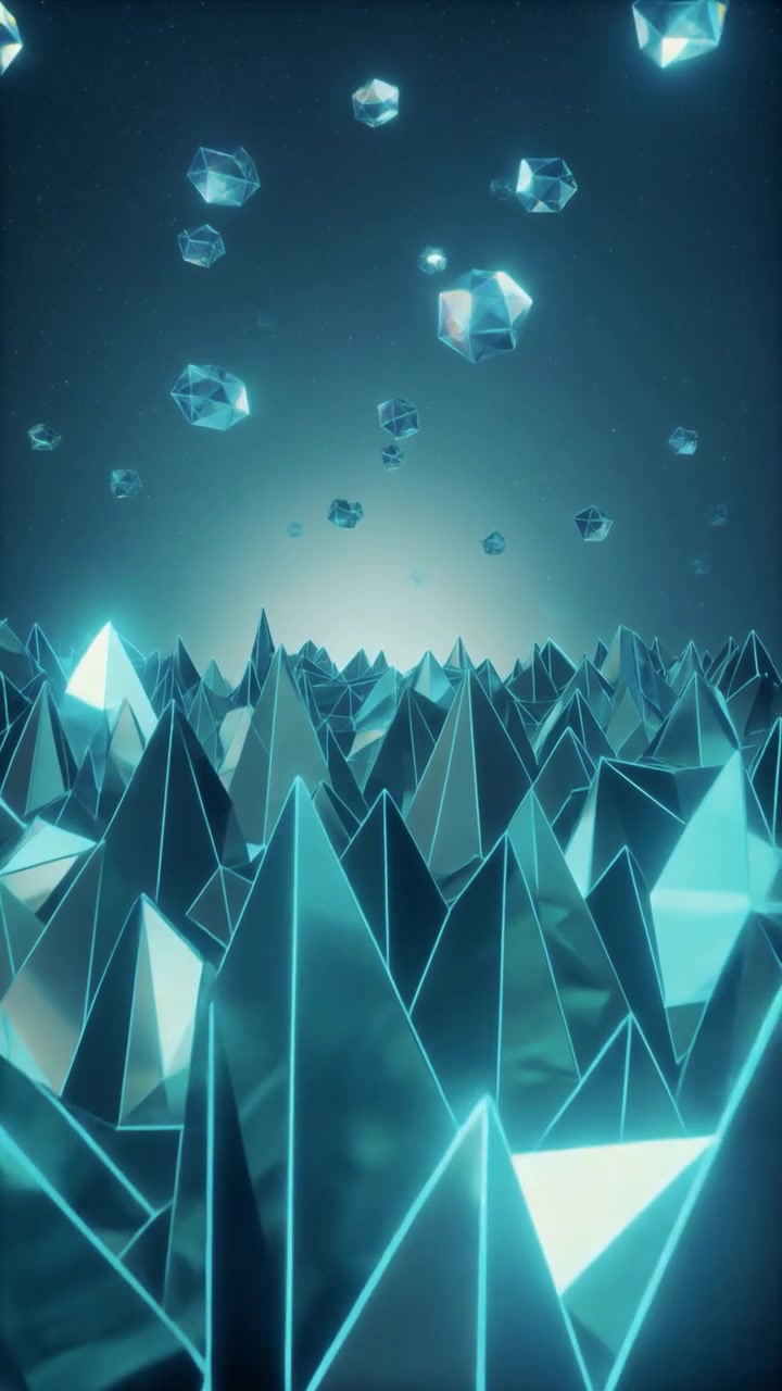 Abstrakti 3D-animaatio leijuvista geometrisista kristalleista rosoisen maiseman yllä