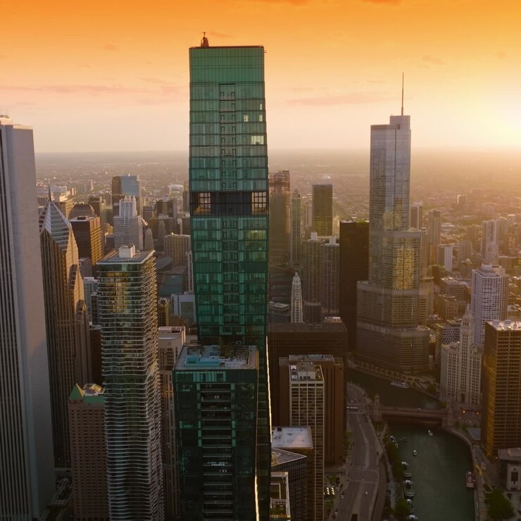 Vista aérea da cidade de Chicago ao pôr do sol. Filmagem com drone entre os topos dos arranha-céus sob os raios do sol