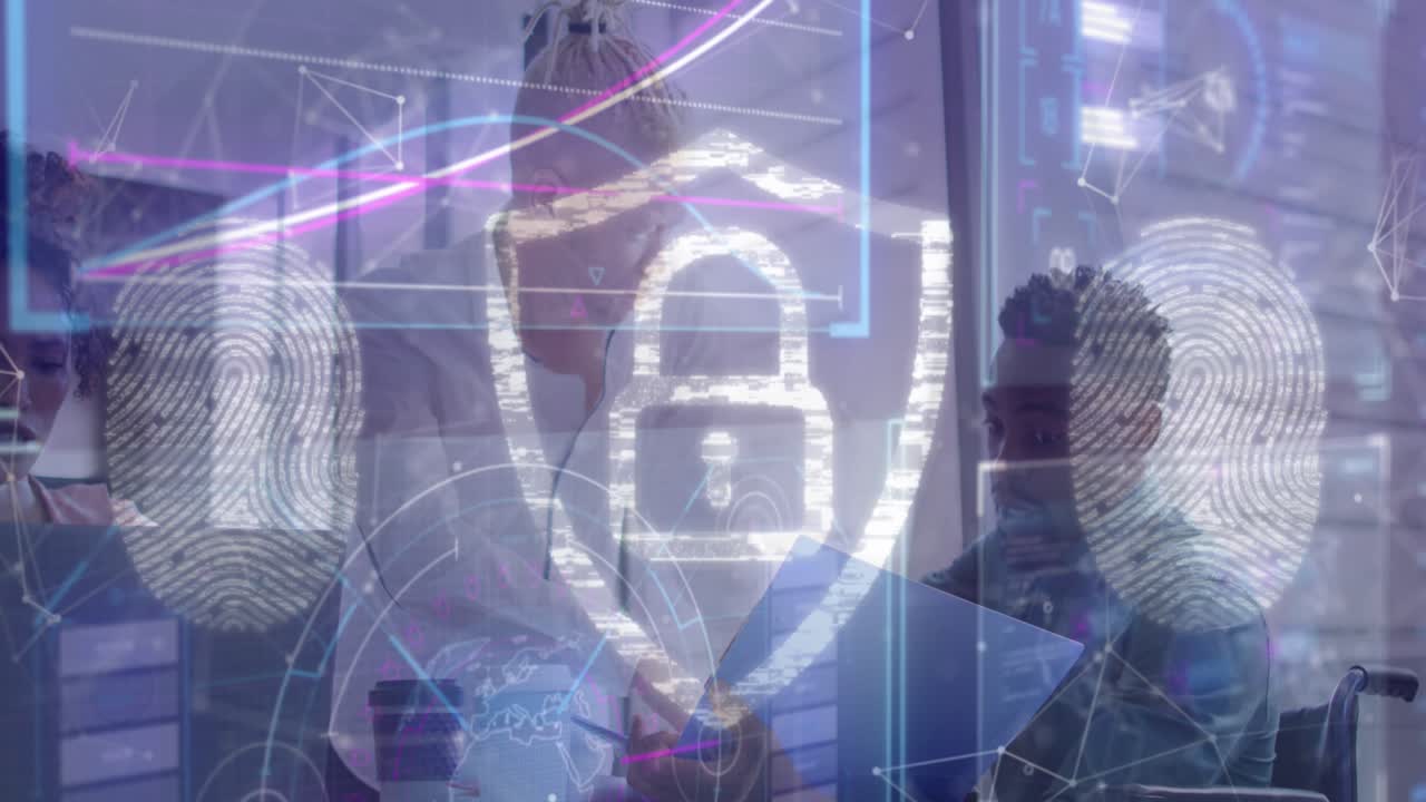 Animation of data processing with padlock icon over diverse business people in office