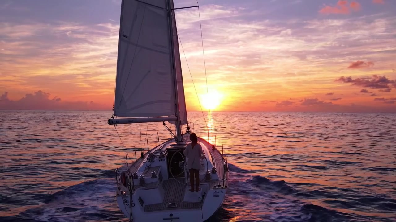 Una Serena Experiencia de Navegación al Atardecer: Disfrutando de Momentos Tranquilos en Aguas Abiertas Mientras el Sol se Oculta Bajo el Horizonte, Creando un Impresionante Despliegue de Colores