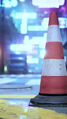 un cono de tráfico en una calle húmeda de la ciudad por la noche