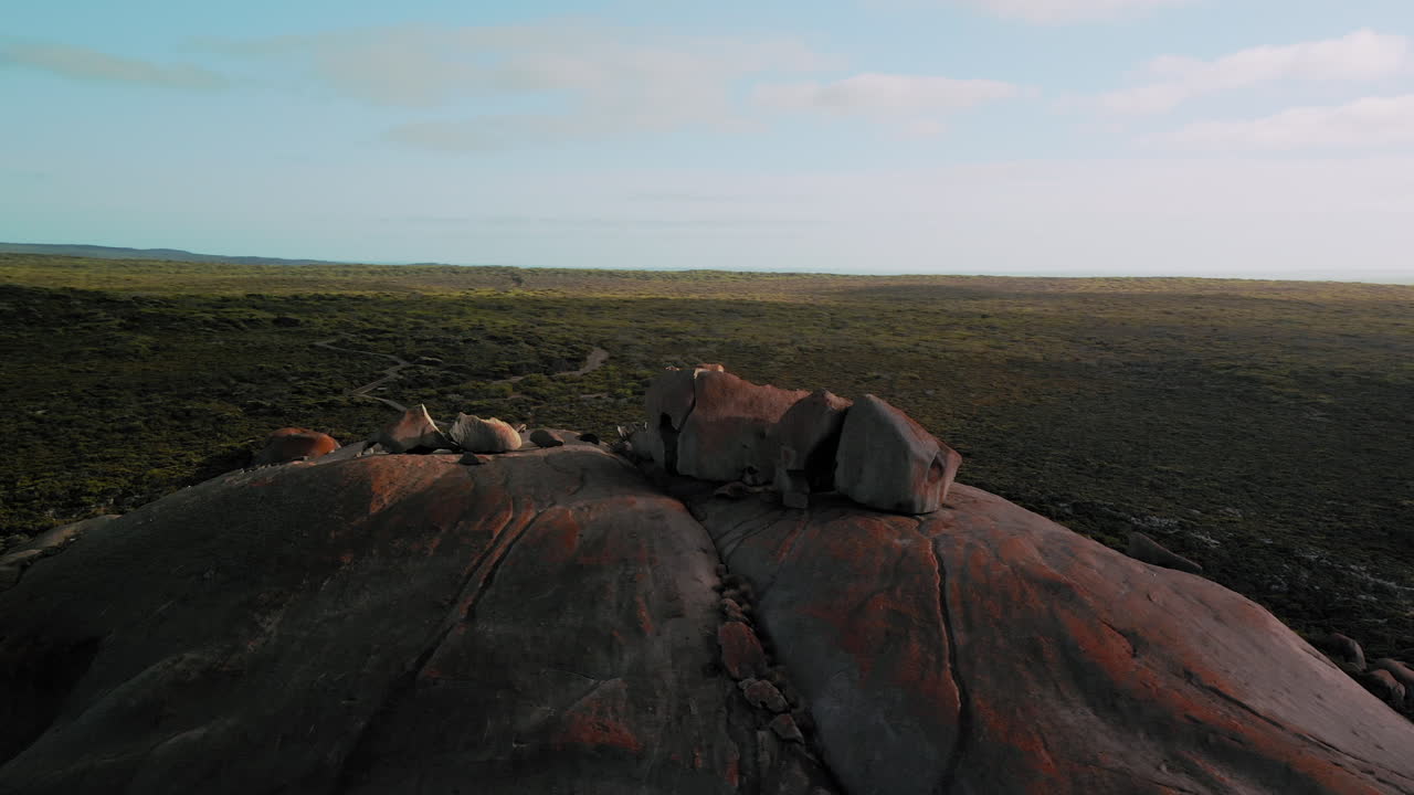 Aerial view around the Remarkable Rocks formations, in Flinders Chase National Park, Kangaroo Island, South Australia - orbit, drone shot