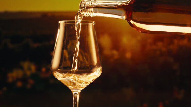 Orange or white wine bottle and glass against a sunset in a peaceful vineyard, pouring of ecological natural wine.