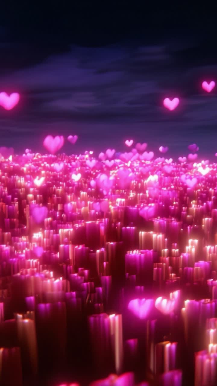 Un paesaggio onirico di cuori fluttuanti che illuminano un campo dai colori vivaci sotto un cielo notturno stellato, creando un'atmosfera incantevole e romantica.