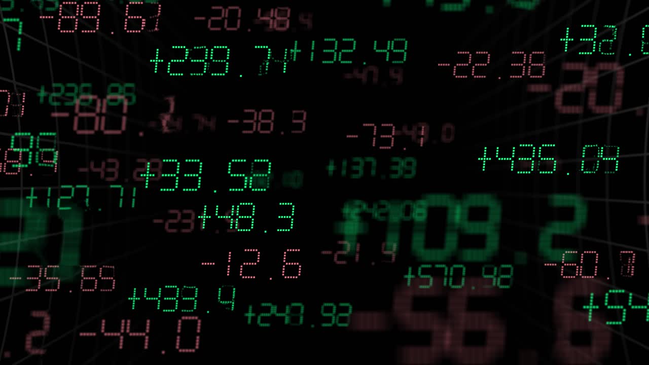 Vibrant 3D animation of glowing red and green stock ticker digits, showcasing live trading, market volatility, price swings, and digital finance trading in a high-tech environment. 4K UHD
