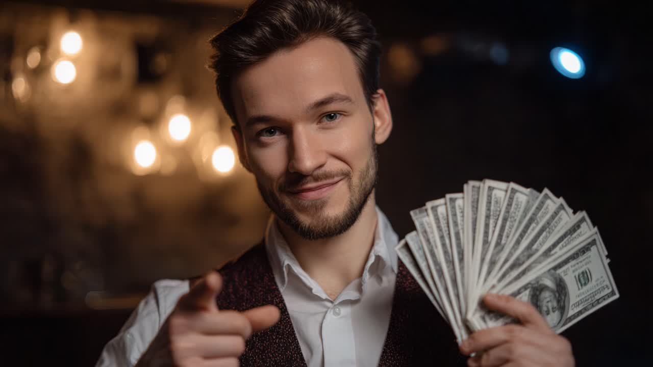Un giovane uomo sicuro di sé che mostra denaro contante con un sorriso carismatico in un ambiente scarsamente illuminato, enfatizzando la ricchezza e il successo nel contesto finanziario moderno