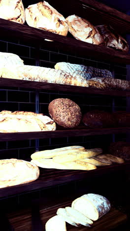 breads arranged on wooden shelves in a cozy bakery setting during the day