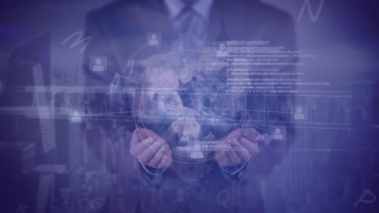 네트워크와 함께 지구를 들고 있는 사업가의 애니메이션, 그리고 어두운 배경의 데이터 처리