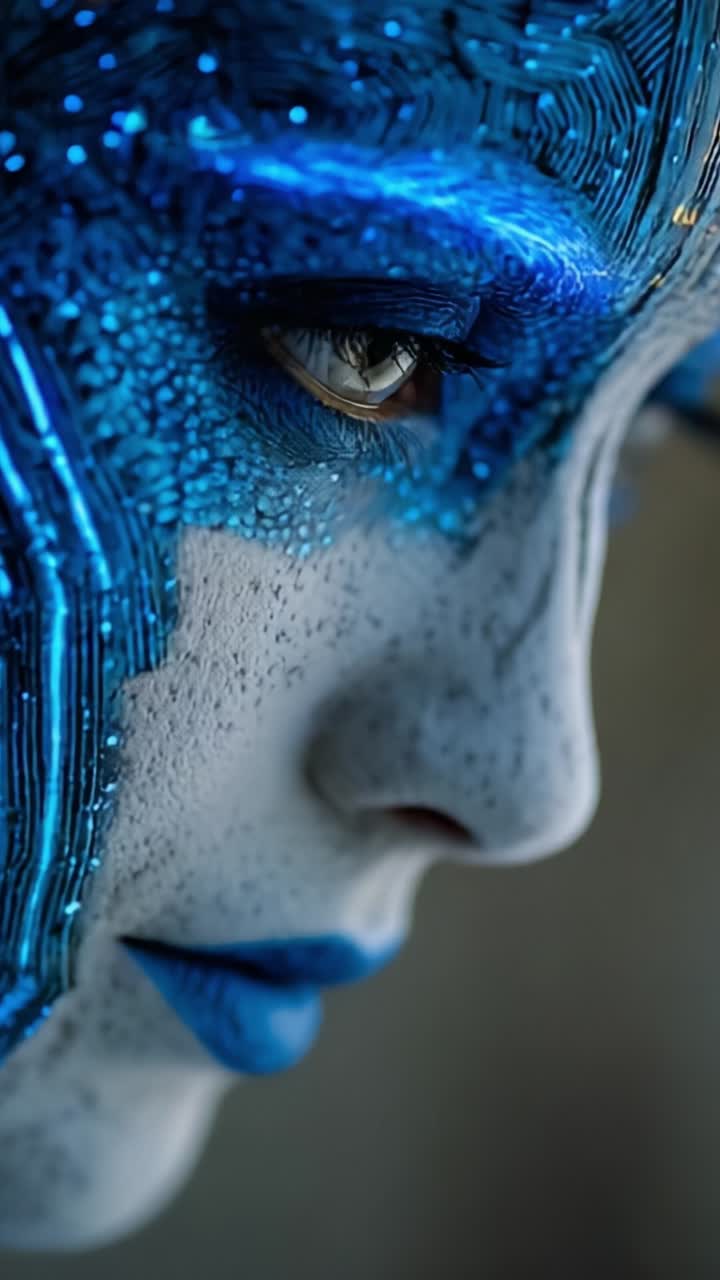 Un primo piano di un modello futuristico con incredibili tratti artistici blu sul viso e motivi circuitali, che cattura una fusione di tecnologia ed espressione umana in una vetrina artistica