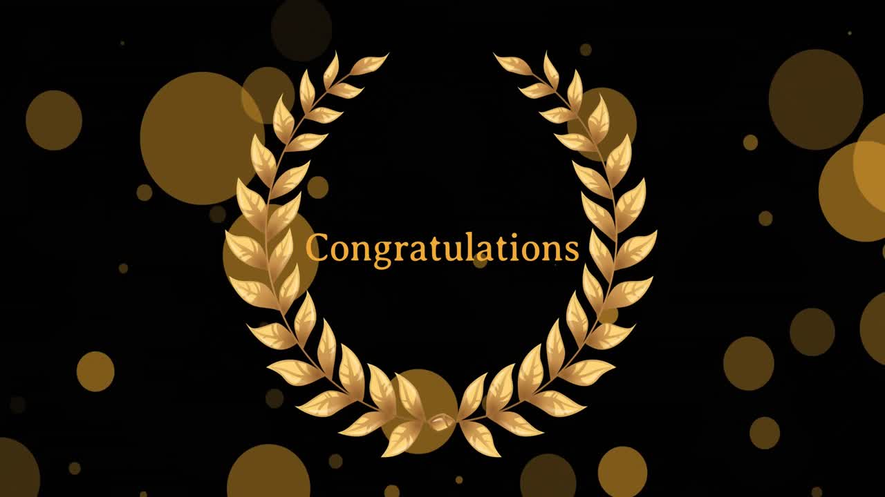 Animation of floating golden dots and congratulations in wreath on black background