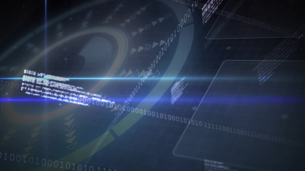 Blue beam sweeping screen, revealing binary streams, plotting graph, updating stock data, dimming