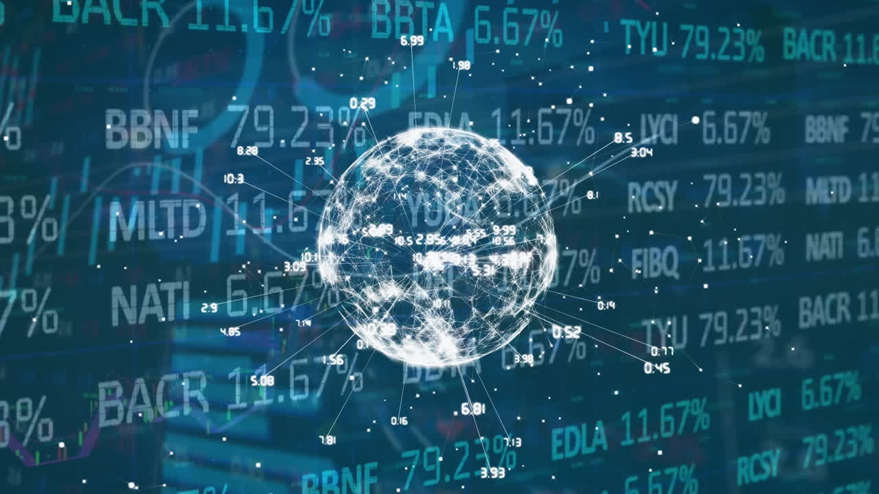 Animation of globe with connections and financial data processing