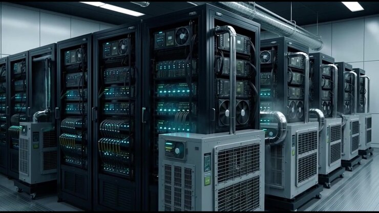 Rows of High-Performance Server Racks in a Modern Data Center