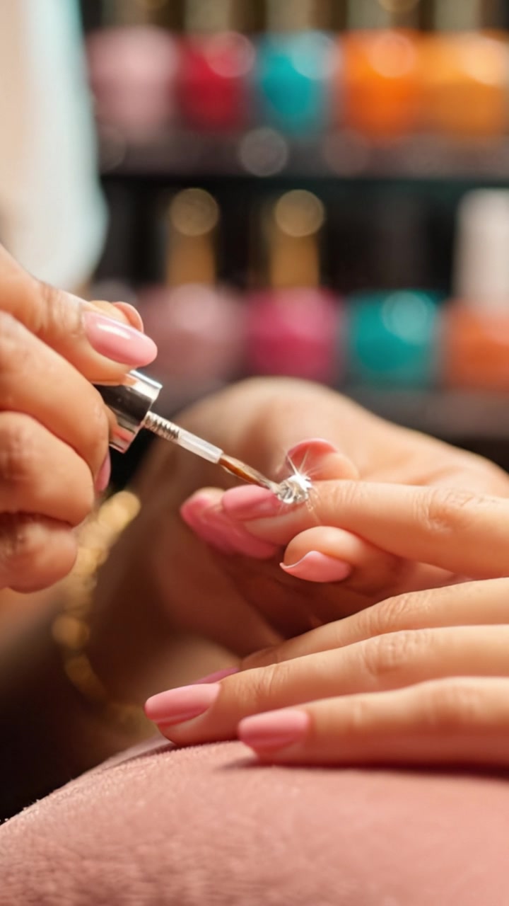 Nail Art Application: A Close-Up of a Manicure Process with a Shimmering Polish Being Applied to a Beautifully Manicured Hand in a Salon Setting
