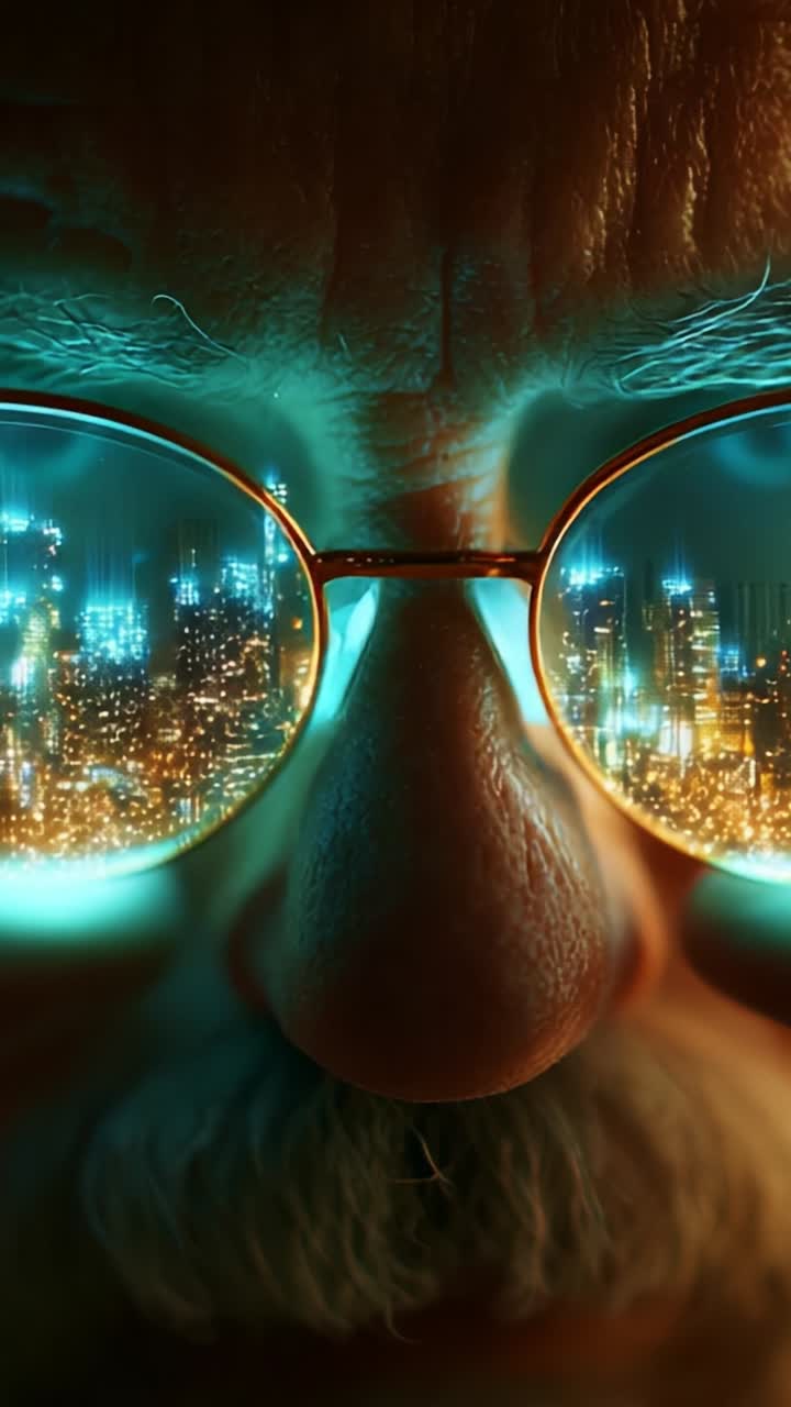 A close-up of an elderly man's glasses reflecting a vibrant cityscape, showcasing bright lights and a dynamic urban environment in a vivid, detailed perspective