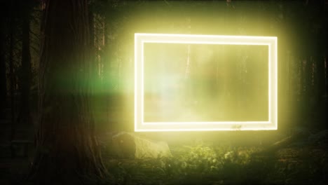 marco rectangular brillante de neón en el bosque nocturno
