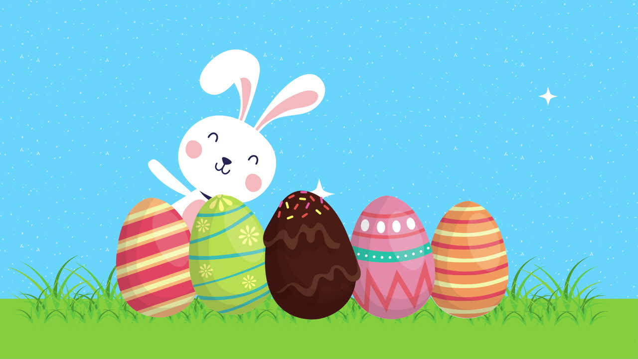 캠프에 칠한 토끼와 달을 가진 행복한 부활절 애니메이션 카드