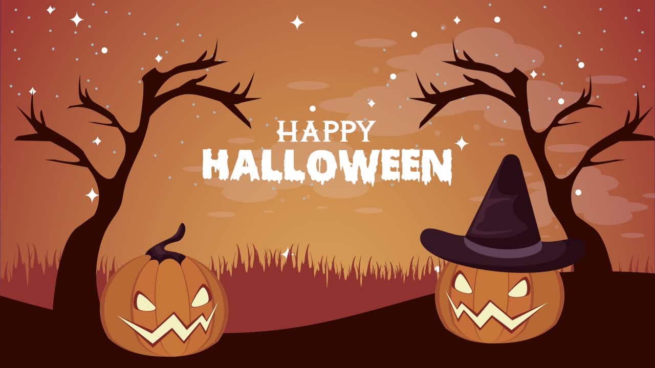 happy halloween lettering con animazione di zucche