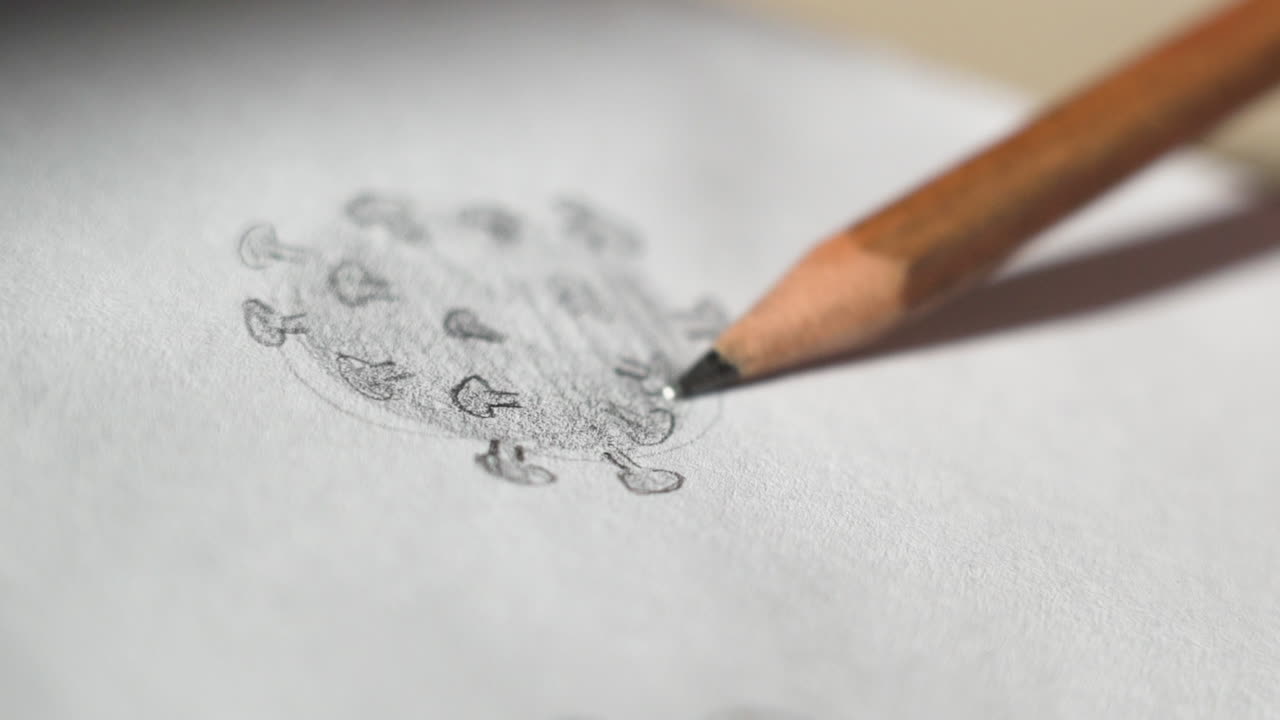 patógeno del coronavirus dibujando en casa con lápiz, de cerca