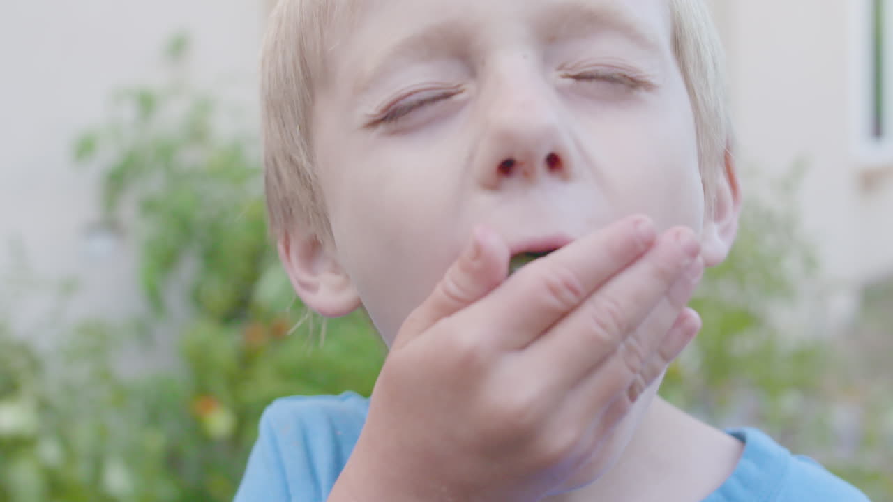 niño pequeño metiéndose un puñado de uvas agrias en la boca en cámara lenta