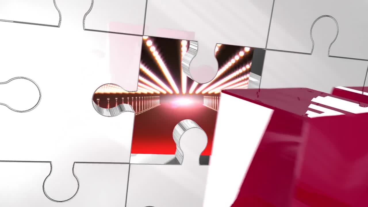 animación de la pieza de rompecabezas de desbloqueo de llave sobre el lugar de la alfombra roja iluminada