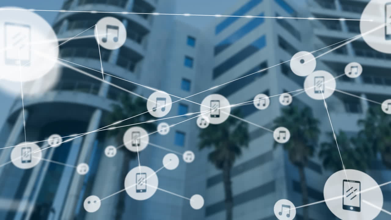 도시 풍경 위의 아이콘으로 연결된 네트워크의 애니메이션