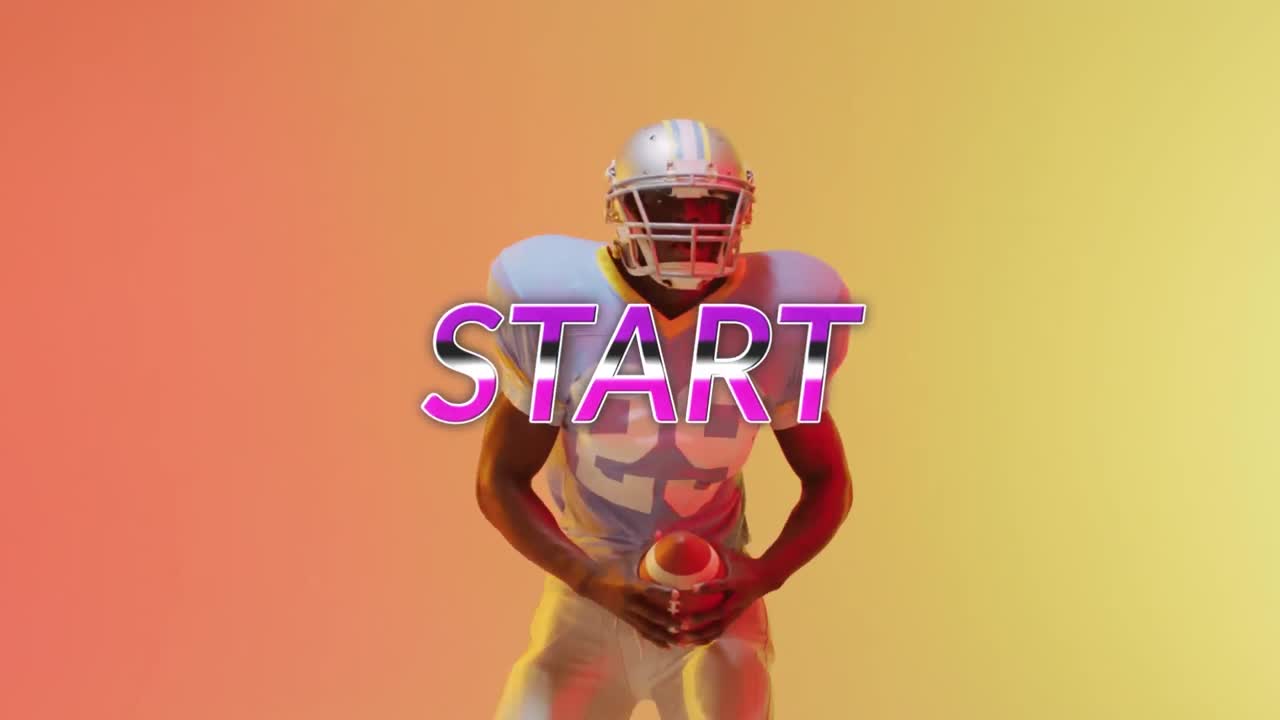 Animazione del testo 'start' su giocatore di football americano su sfondo al neon