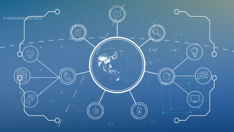 animation of data processing and globe with icons over white frame