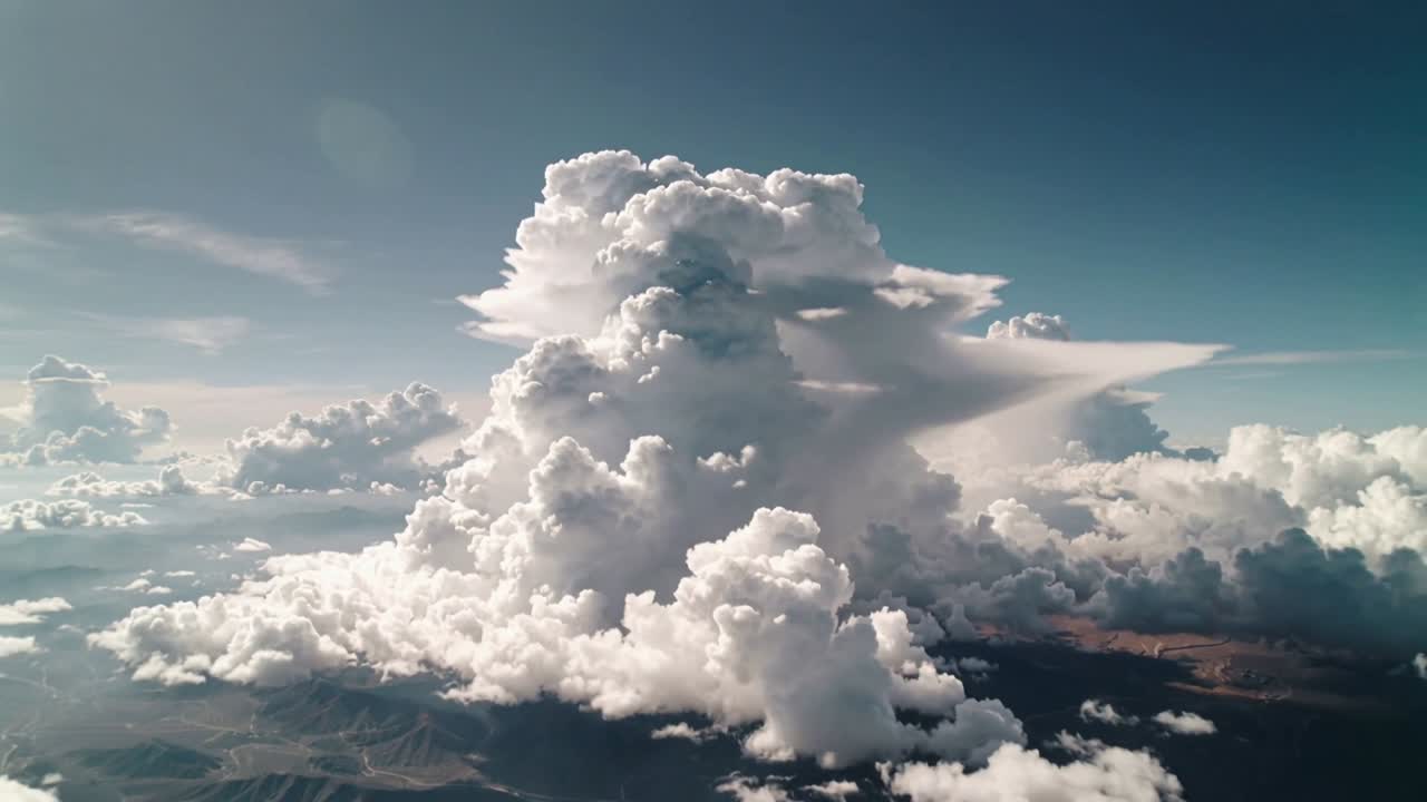 Pulling back drone showing towering cumulonimbus cloud over dry land for scale, anvil and cumulus